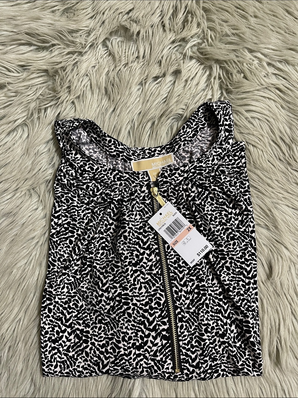 Michael Kors Black & White Zip-Front Printed Tank
